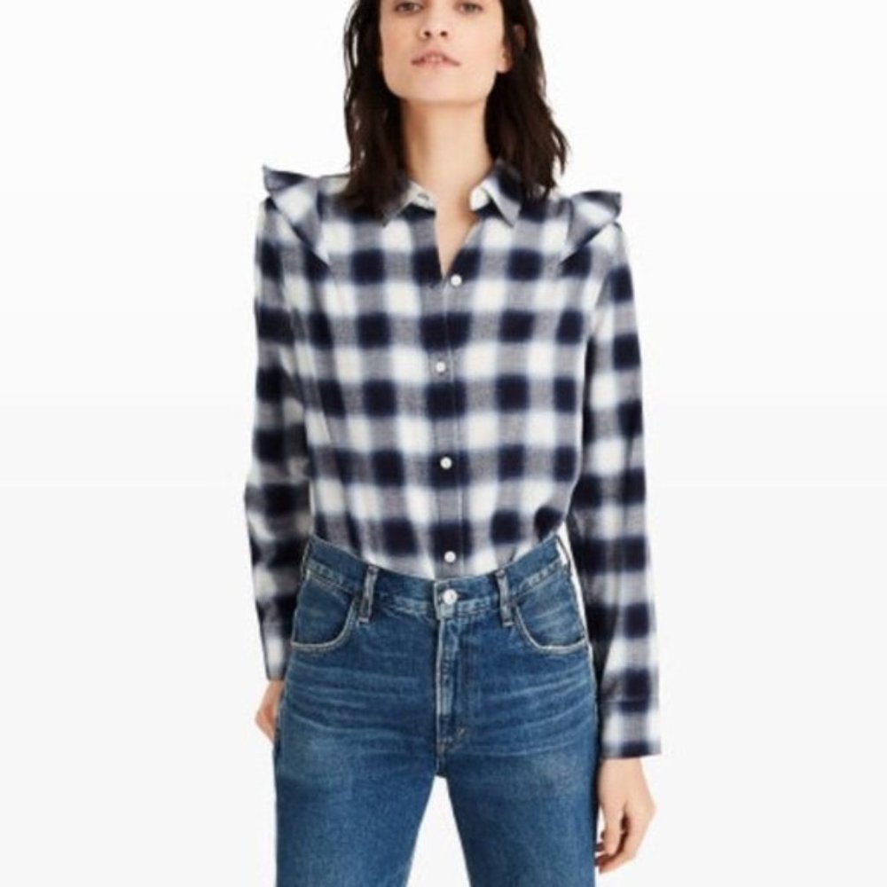 Club Monaco Plaid Button Down with Ruffle Small